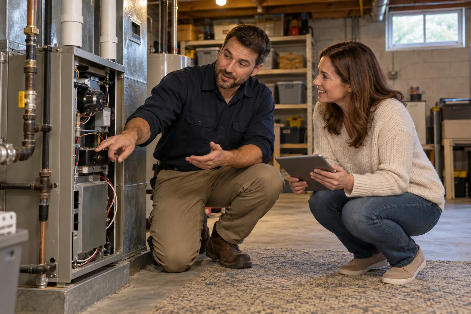 A local provider checking a home furnace in a basement in Annapolis