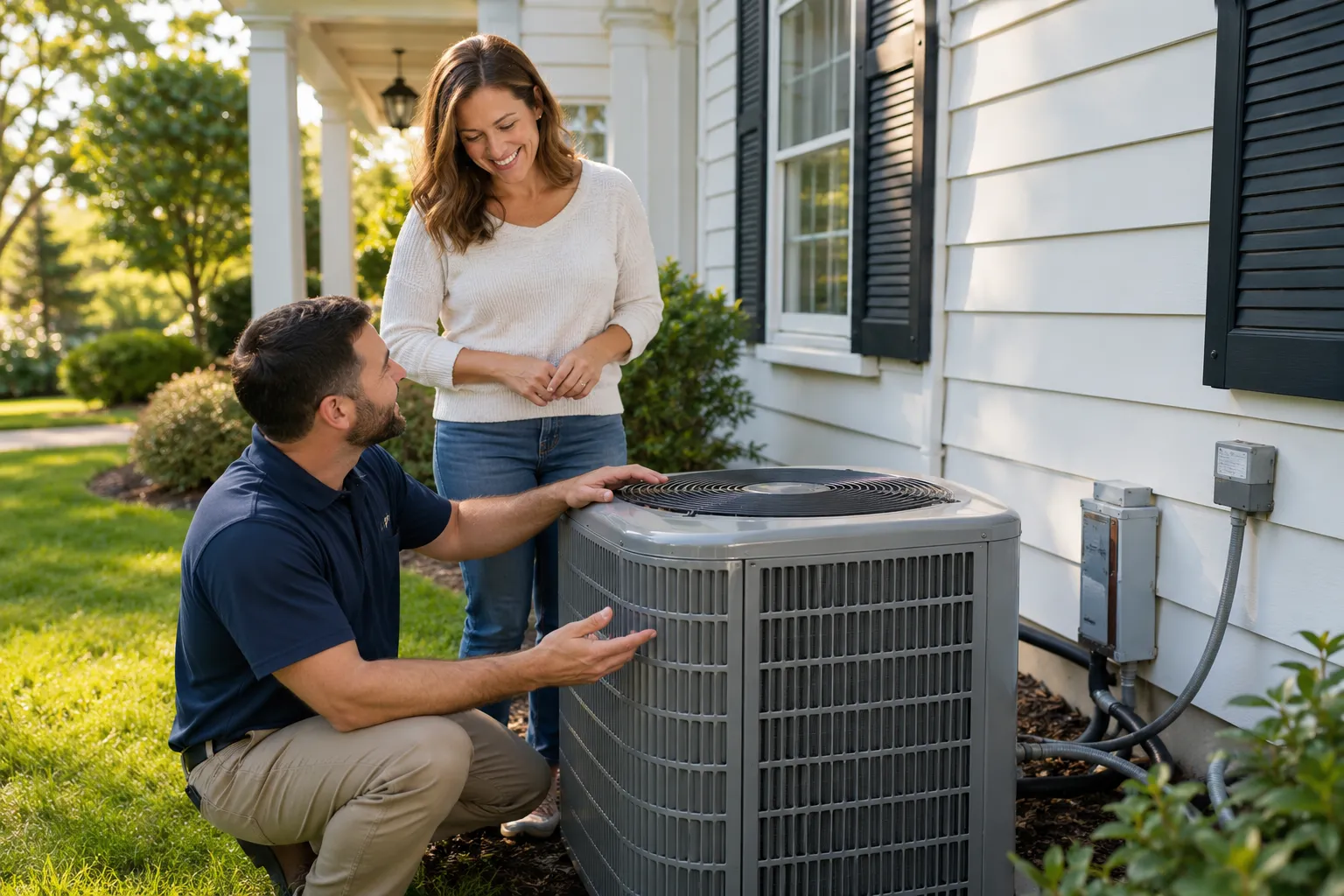 Homeowner talking with a local HVAC provider beside an air conditioner outside a home in Annapolis