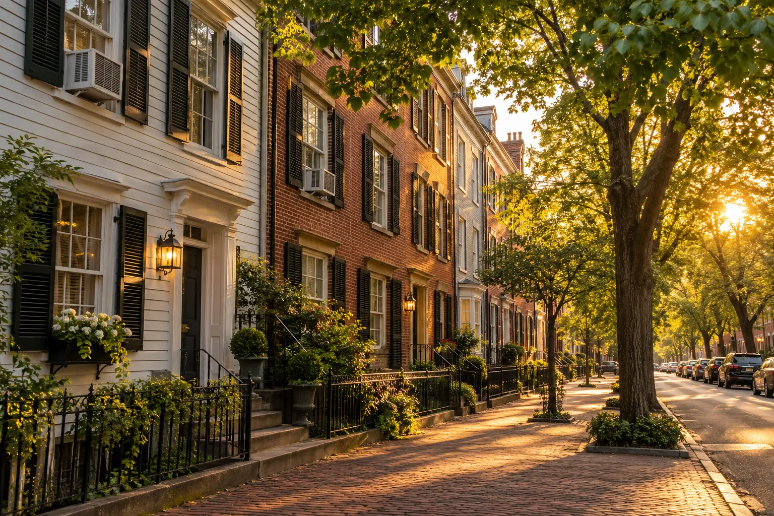 Neighborhood of older homes and rowhouses in Annapolis on a summer day